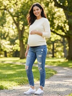 Old Navy Full Panel Distressed Skinny Maternity Jeans Blue Raw Hem Sz 4 Short